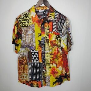 Raga Man Floral Patchwork Button Up‎ Shirt Mens Large Short Sleeve Beachy Travel